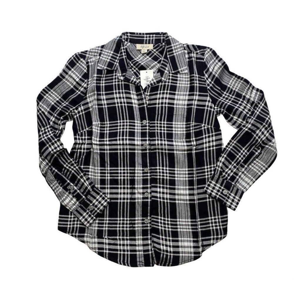 Styleโ& Coย Plaid Utility Shirt Top Petiteโ Black White Gray Women'sโButton-Front